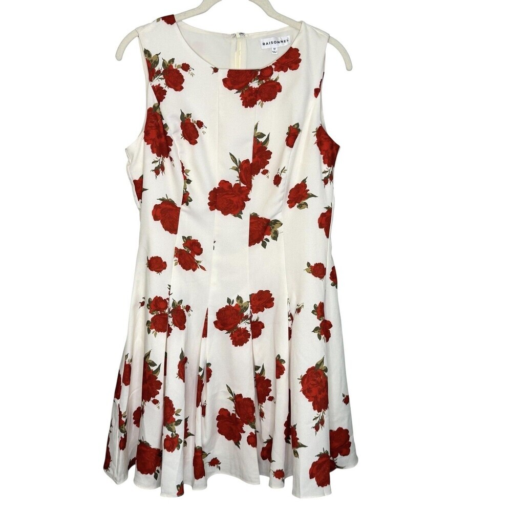 Anthropolgie RAISONNEL Dress Medium White Red Rose Floral Fit Flare Sleeveless
